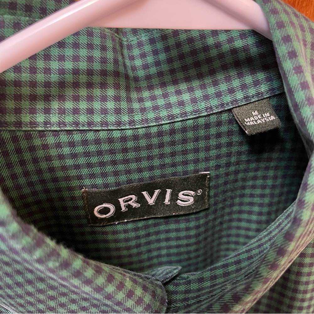 Men’s Orvis Checkered Button Down Green/Blue Medium - Picture 2 of 7